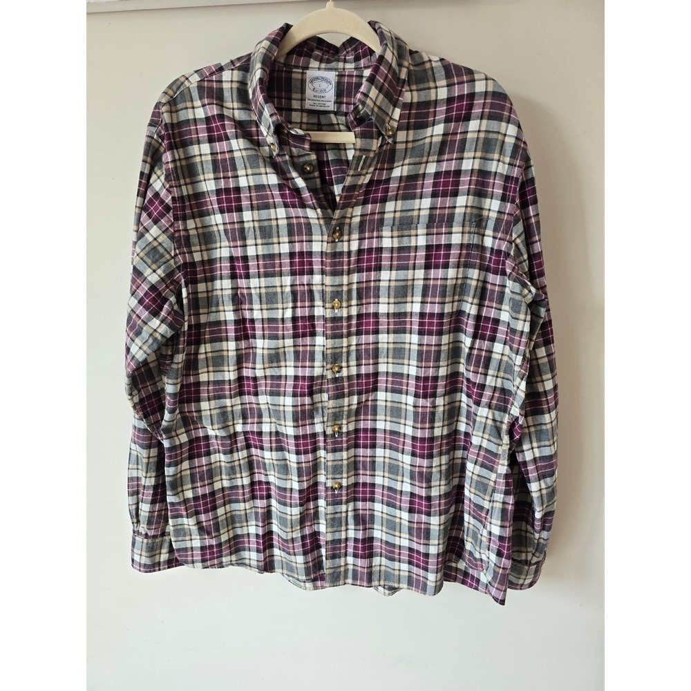 Brooks Brothers Regent Plaid Button Down Shirt Mens Large Burgundy Grey Cotton